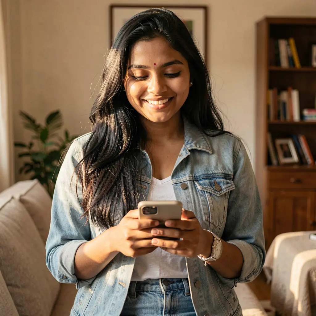 Happy Bangladeshi player smiling while using the 786JL casino app on a smartphone in a comfortable indoor setting