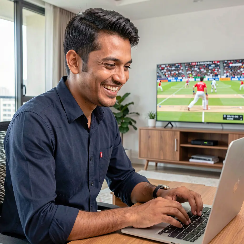 Smiling Bangladeshi sports bettor placing online bets on a laptop at home while watching a live cricket match on TV using 786JL