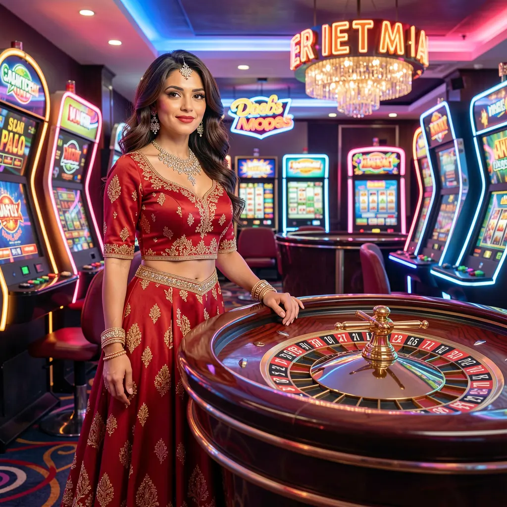 Elegant woman in a red dress standing by a glowing roulette wheel in a modern casino atmosphere at 786JL showcasing premium live casino entertainment for players in Bangladesh