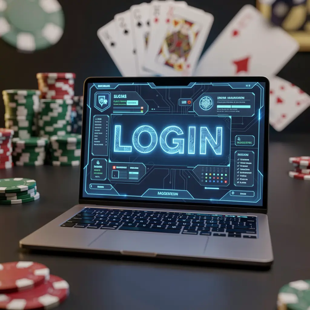 Modern laptop with a glowing login screen surrounded by blurred casino chips and cards representing secure access to 786JL in Bangladesh