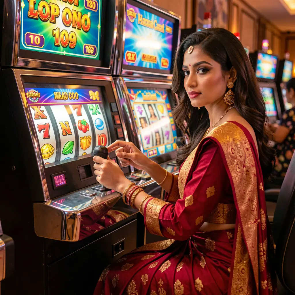 Stylish woman in traditional Bangladeshi attire playing a glowing slot machine in a luxury casino atmosphere at 786JL with vibrant colors and jackpot symbols